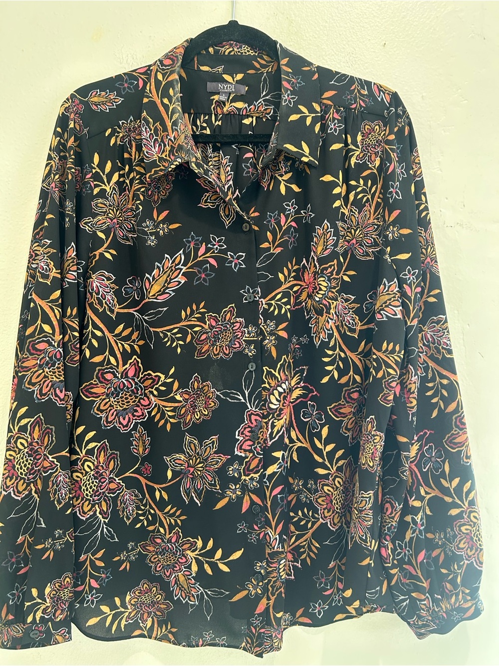 NYDJ  Women’s  BlackLong-Sleeve Floral Button-Down Shirt with Yellow & Pink Acce